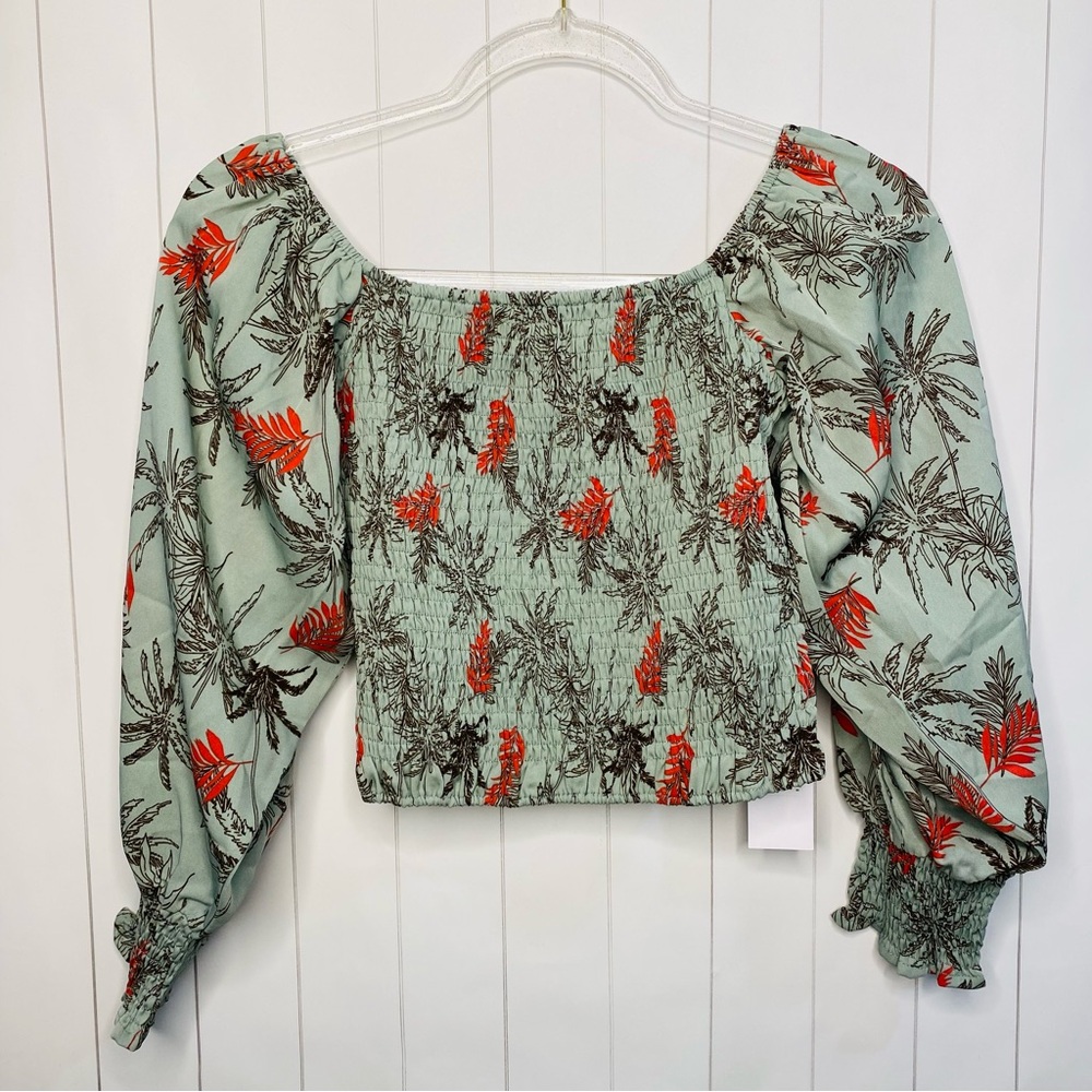 Anthropologie bishop + young Elsa Sage Green Tropical Palm Smock Blouse NWT S